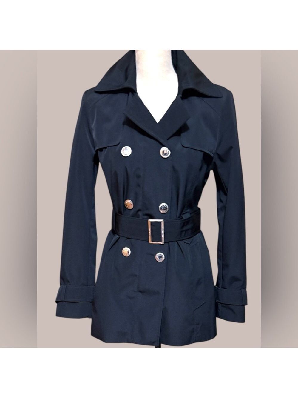 Calvin Klein-Classy black trench coat. Size small. Silver details/Hood. Like new - Picture 2 of 16